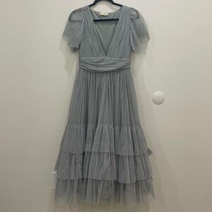 LACE AND BEADS MADISON TULLE MIDI DRESS IN GREY